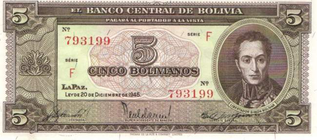 5 Bolivianos L.20.12.1945
